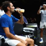 Roger Federer and Rafael Nadal cool down during a training session ahead of the Laver Cup Photo by Clive Brunskill/Getty Images
