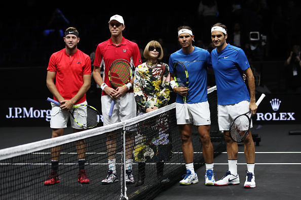 Fashion maven Anna Wintour tossed the coin at the historic men's doubles match on Saturday night. 