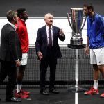 Rod Laver views the Laver Cup Trophy during the opening ceremony.