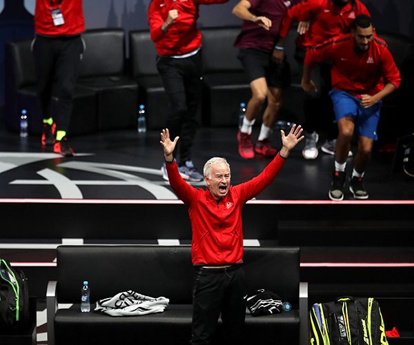 Team World captain John McEnroe expresses his joy as Jack Sock and John Isner win the doubles on Day Three of the Laver Cup. 