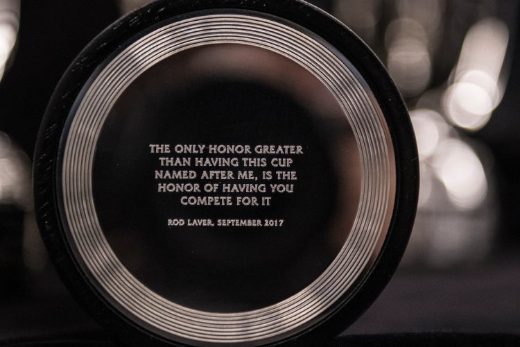 The base of each Laver Cup, including the original, carries Rod Laver's words to the players who compete. Photo: Ben Solomon