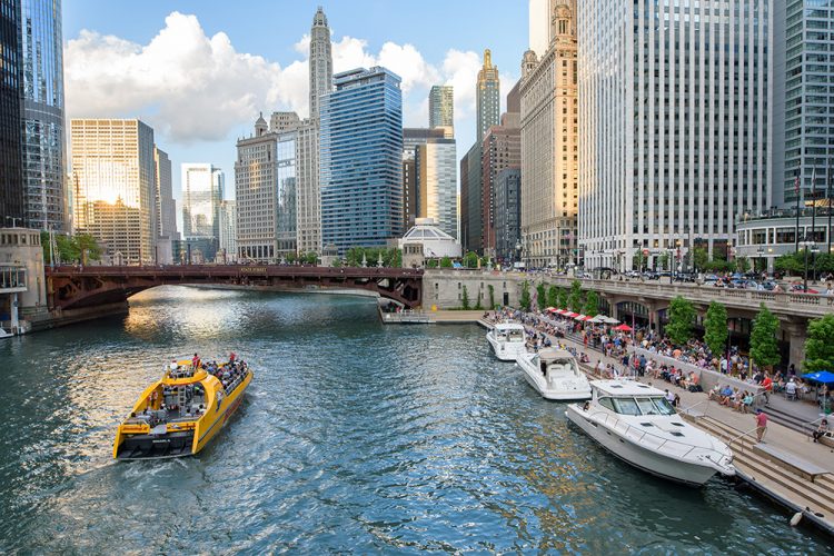 The Chicago Riverwalk is an open, pedestrian waterfront located on the south bank of the Chicago River.