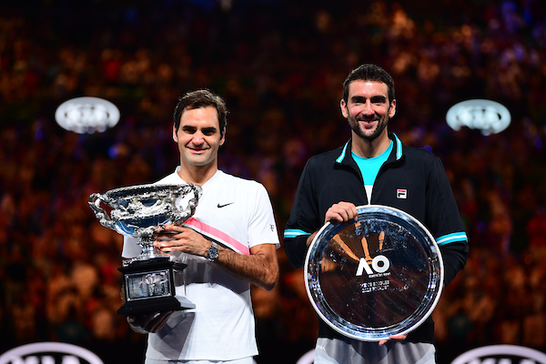 Roger Federer and Marin Cilic at the Australian Open men's final championship ceremony. 