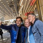 Roger Federer and Rod Laver run into a famous local, Bastian Schweinsteiger who plays as a midfielder for Major League Soccer club Chicago Fire. Photo: Ben Solomon