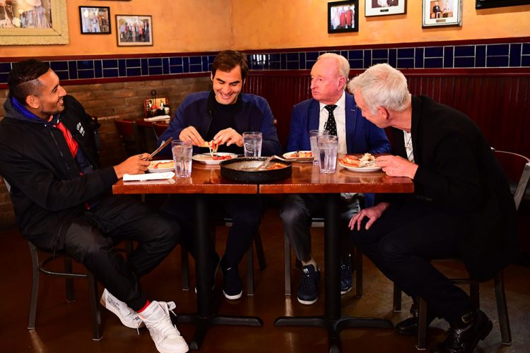 Roger Federer enjoys a deep dish Chicago pizza with John McEnroe, Nick Krygios and Rod Laver ahead of the Laver Cup 2018 launch. 