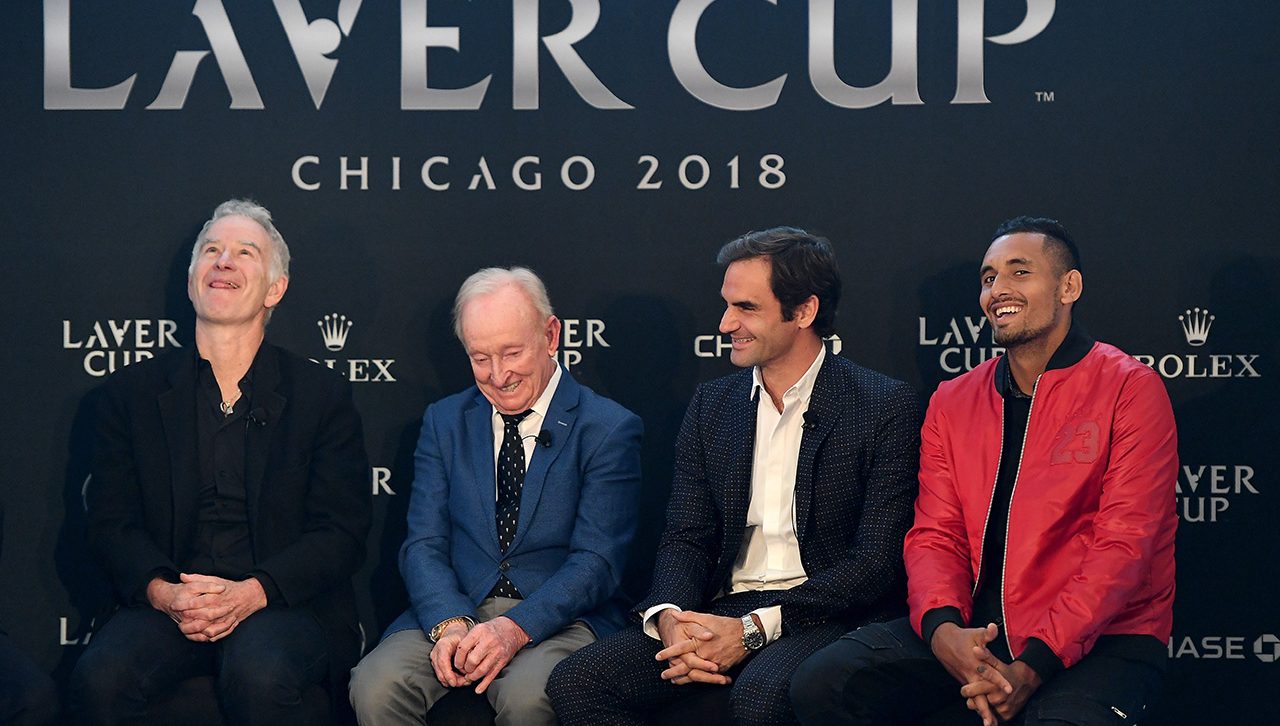 Roger Federer, John McEnroe, Nick Kyrgios and Rod Laver enjoy a laugh at the Laver Cup Chicago 2018 media conference. Photos: Ben Solomon