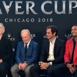 Roger Federer, John McEnroe, Nick Kyrgios and Rod Laver enjoy a laugh at the Laver Cup Chicago 2018 media conference. Photos: Ben Solomon