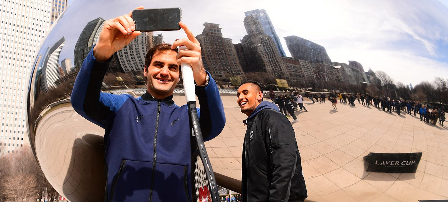 Roger Federer and Nick Kyrgios launch the Laver Cup in Chicago on March 19, 2018.