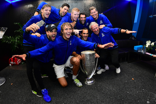 Doused in champagne, Team Europe lets it all out after winning Laver Cup 2018. Photo: Ben Solomon/Laver Cup