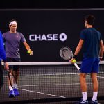 Roger Federer works out with Novak Djokovic. Photo: Ben Solomon/Laver Cup