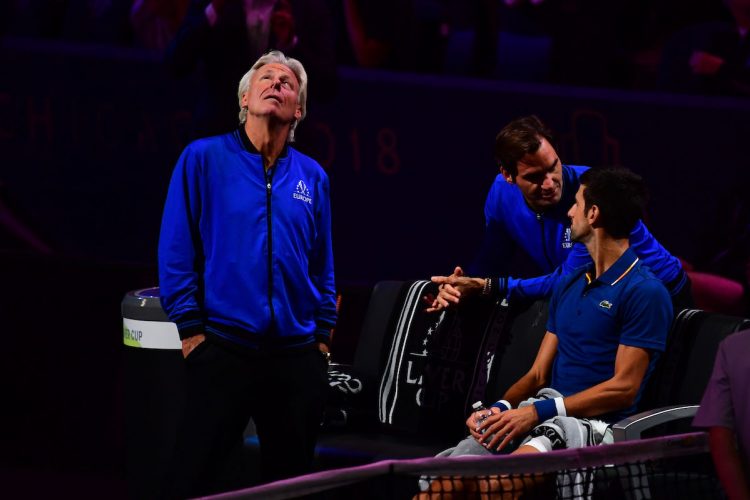 Team Europe Captain Bjorn Borg keeps a watchful eye ... on something up above. Photo: Ben Solomon/Laver Cup