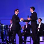 Hello Roger: Novak Djokovic greets Roger Federer onstage at the Navy Pier gala. Photo: Ben Solomon/Laver Cup.