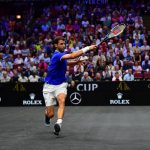 Team Europe's Grigor Dimitrov charges for a forehand. Photo: Ben Solomon/Laver Cup