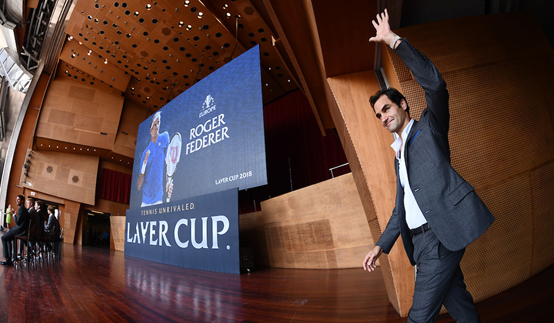 Team Europe's star player Roger Federer joins his teammates on stage at the Pritzker Pavilion. Photo: Ben Solomon