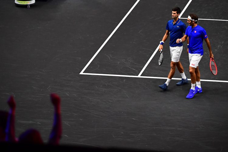 Team Europe field their best singles players ... in doubles. Roger Federer and Novak Djokovic. Photo: Ben Solomon/Laver Cup