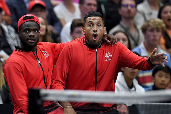 Nick Kyrgios and Frances Tiafoe can barely contain their excitement from the sidelines. Photo: Stacy Revere/Laver Cup