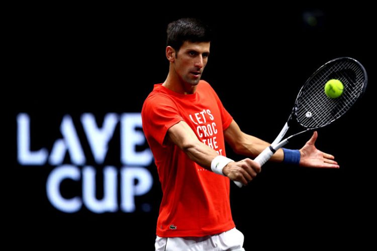 Team Europe's Novak Djokovic hits on the black court at the United Center. Photo: Getty Images/Clive Brunskill