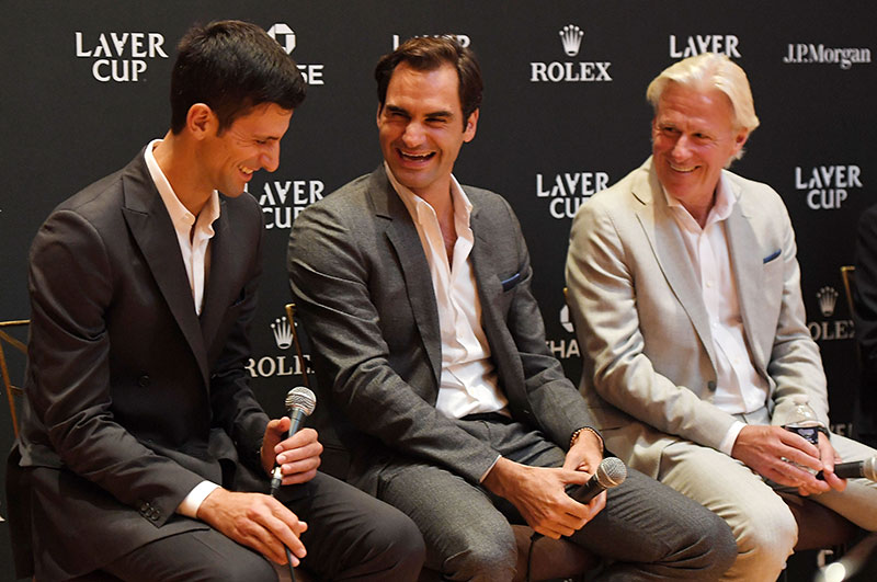 enjoys his debut with Team Europe's Roger Federer and captain Bjorn Borg. Photo: Getty Images