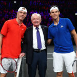 Denis Shapovalov, Rod Laver and Dominic Thiem at the start of Laver Cup 2019