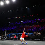 Denis Shapovalov serves during the opening match on Day 1 of Laver Cup 2019