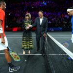 Nick Kyrgios of Team World, Anna Wintour, Editor-in-chief of Vogue and Roger Federer of Team Europe take part in the coin toss ahead of their singles match.