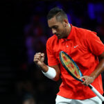 Nick Kyrgios takes the first set against Roger Federer on Saturday.