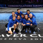 The winning Team Europe pose with the Laver Cup after defeating Team World 13-11
