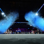 Blue shower over center court in celebration of Team Europe's 2019 victory in Geneva