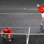 Jack Sock and Denis Shapovalov in action during the night session on Day One of Laver Cup 2019