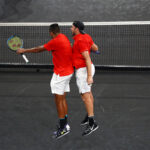 Nick Kyrgios and Jack Sock celebrate victory in the doubles on Saturday
