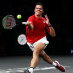 Milos Raonic in action during the Saturday night singles against Nadal