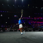 Rafael Nadal jumps for a smash