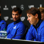 Rafael Nadal answers a question at the Team Europe media conference on Thursday