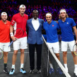 Jack Sock, John Isner, Roger Federer and Stefanos Tsitsipas pose for a photo with Tidjane Thiam, CEO of Credit Suisse prior to their doubles match