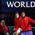 Denis Shapovalov, Taylor Fritz and Nick Kyrgios react to Team World's doubles win on Sunday