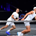 Roger Federer and Rafael Nadal in step during a Laver Cup 2019 practice session
