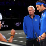Team Europe players Roger Federer and Rafael Nadal speak with captain Bjorn Borg at a practice session on Thursday.
