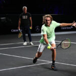 Stefanos Tsitsipas of Team Europe serves during a practice session prior to the Laver Cup at Palexpo on September 17, 2019 in Geneva, Switzerland