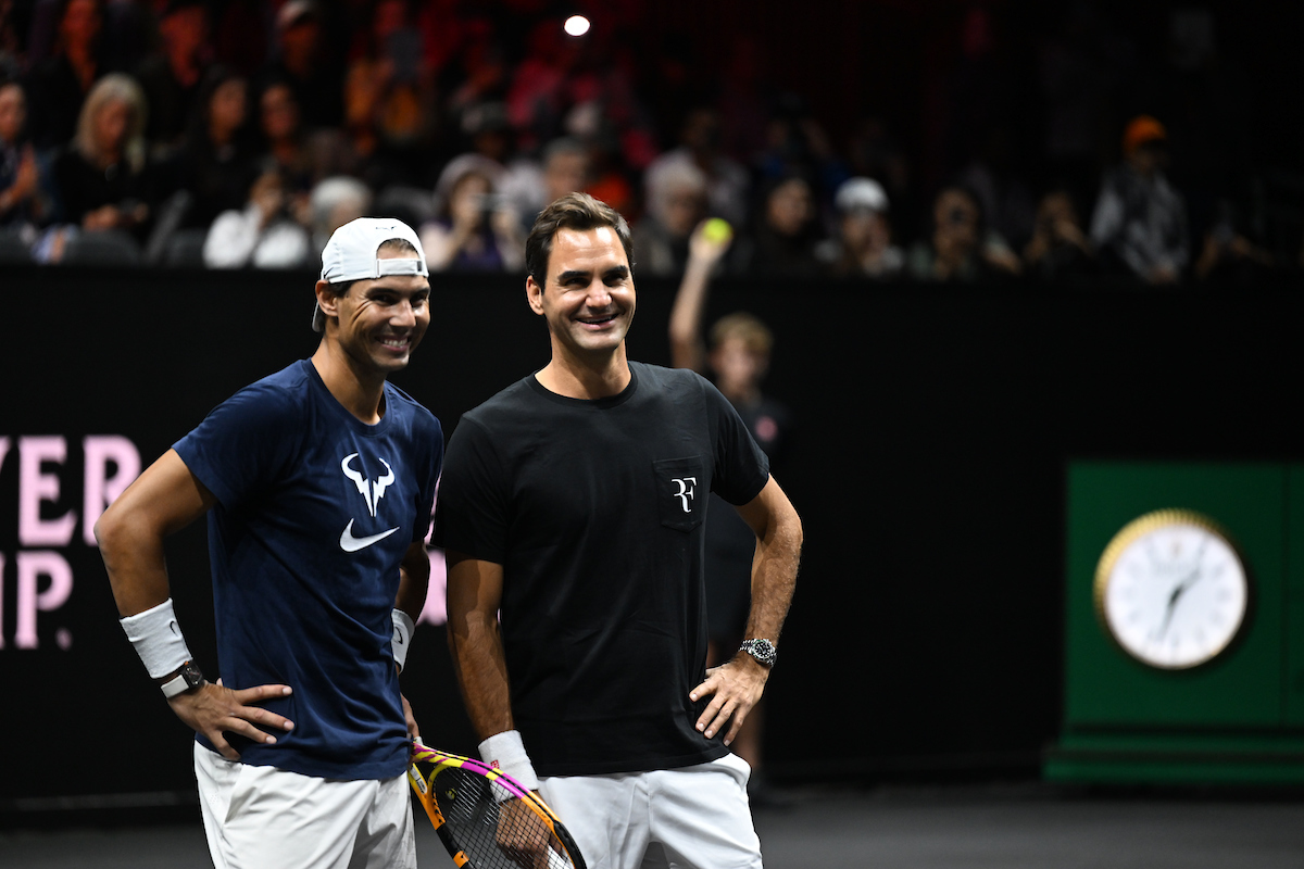 Rafael Nadal and Roger Federer pair for the Laver Cup Open Practice on Thursday. 