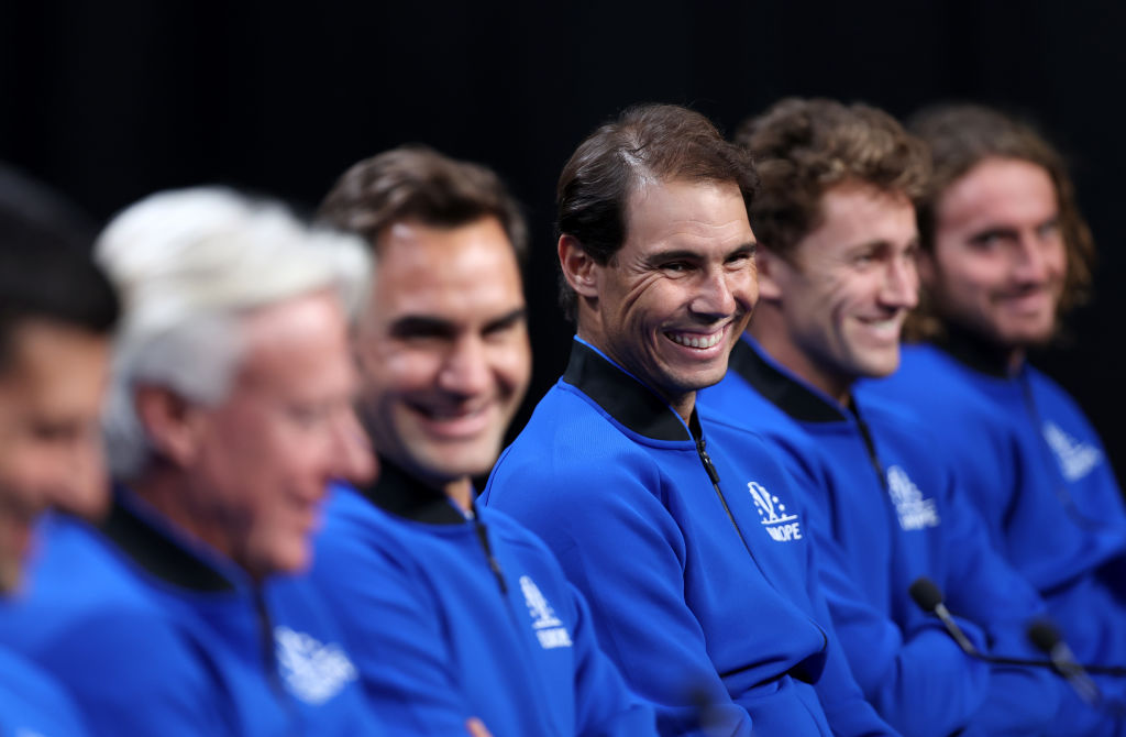 Rafael Nadal takes his seat among Grand Slam greats at Team Europe's 2022 media conference ahead of Laver Cup 2022. 