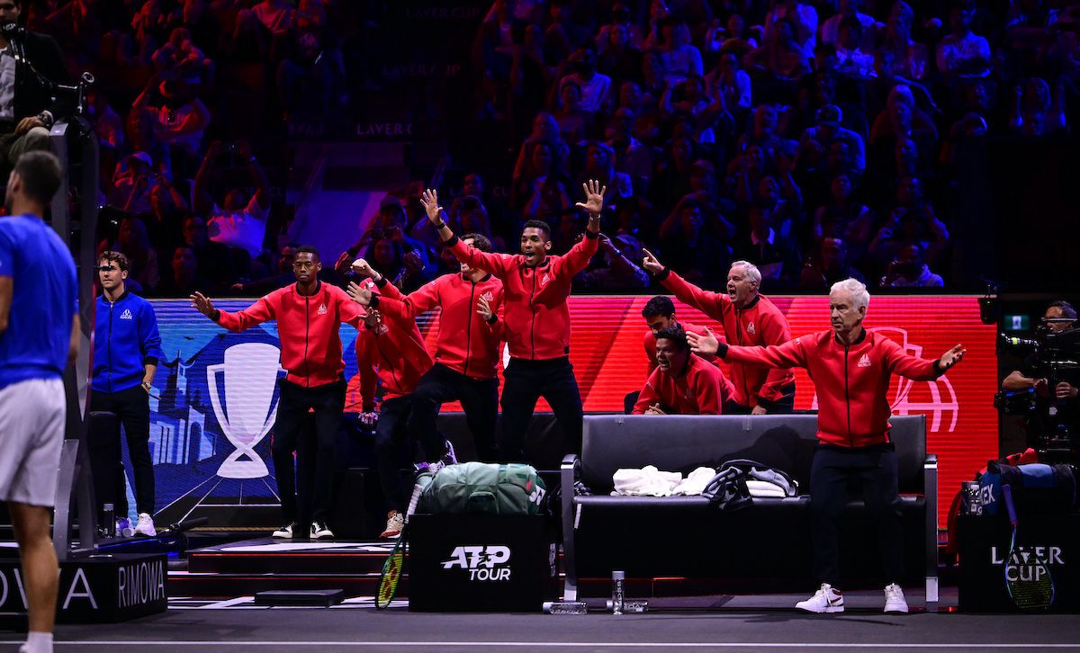The bench erupts. Another Laver Cup in the bag. Photo: Ben Solomon