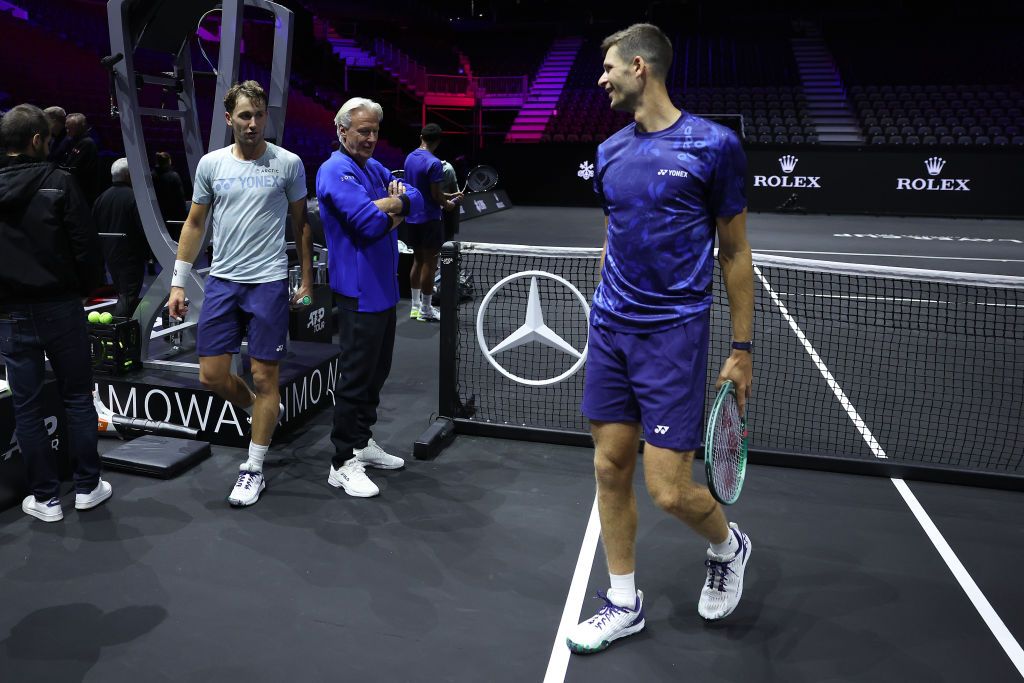 VANCOUVER, BRITISH COLUMBIA - SEPTEMBER 20: (L-R) Casper Ruud, Captain Bjorn Borg, and Hubert Hurkacz of Team Europe talk during a practice session ahead of the Laver Cup at Rogers Arena on September 20, 2023 in Vancouver, British Columbia. (Photo by Matthew Stockman/Getty Images for Laver Cup)