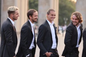 Jan-Lennard Struff, Daniil Medvedev, Alexander Zverev and Stefanos Tsitsipas suit up in Berlin. Photo by Gerald Matzka/Getty Images