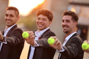 Team World's Alejandro Tabilo, Ben Shelton and Thanasi Kokkinakis at the Brandenburg Gate. Photo by Gerald Matzka/Getty Images