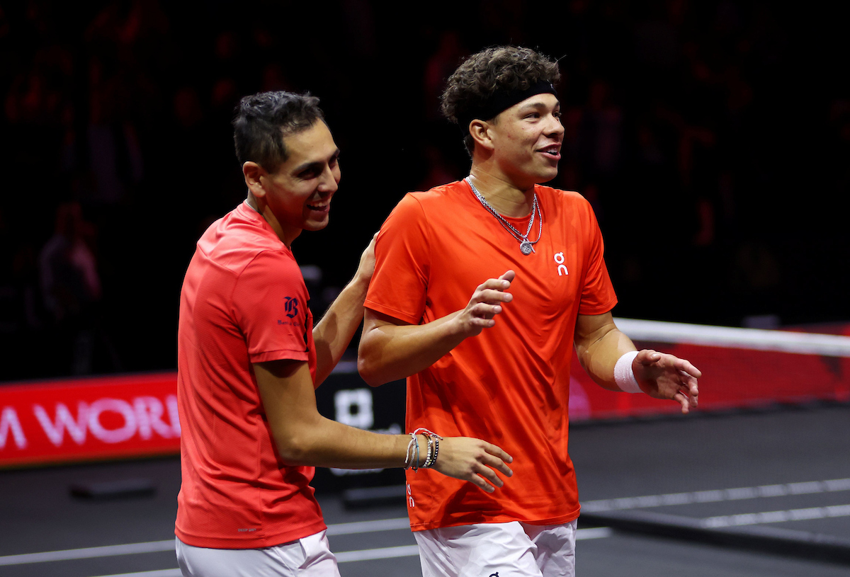 Alejandro Tabilo and Ben Shelton beam with joy after scoring two more points for Team World. 