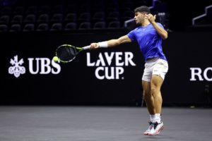 Carlos Alcaraz during his first practice session with Team Europe at Uber Arena. Photo by Clive Brunskill/Getty Images