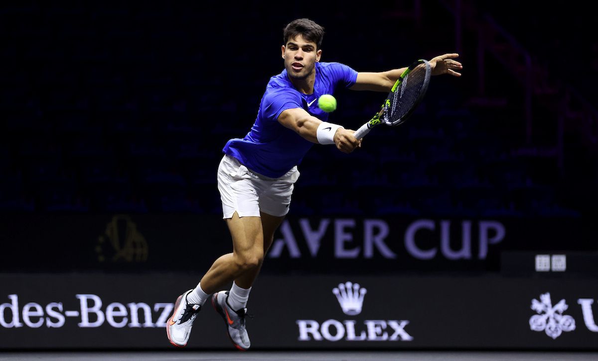 Carlos Alcaraz at his first practice session with Team Europe at Uber Arena. Photo by Clive Brunskill/Getty Images