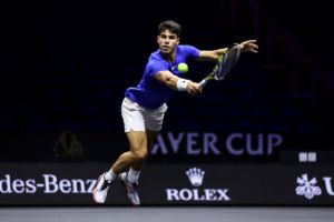 Carlos Alcaraz at his first practice session with Team Europe at Uber Arena. Photo by Clive Brunskill/Getty Images