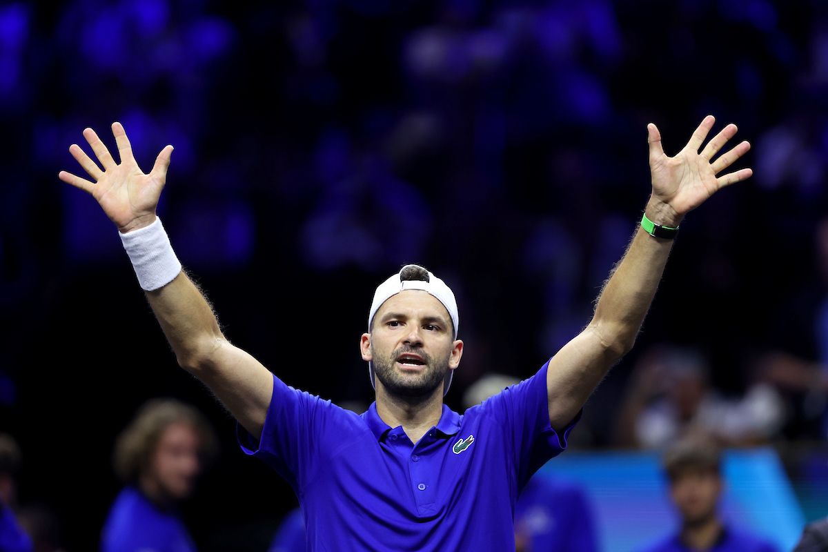 Grigor Dimitrov of Team Europe celebrates after winning match point against Alejandro Tabilo. Photo by Clive Brunskill/Getty Images for Laver Cup