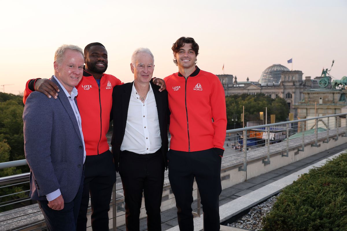 John McEnroe takes time out in Berlin to visit the US Embassy with his brother and Team World Vice Captain Patrick, and teammates Frances Tiafoe and Taylor Fritz. Photo by Clive Brunskill/Getty Images